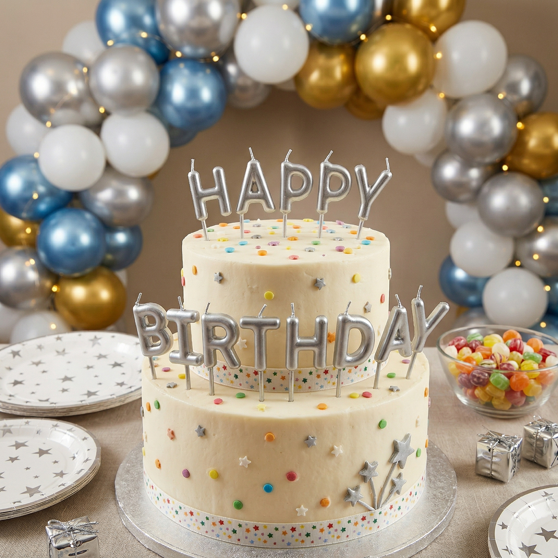 Silver Happy Birthday Letter Candles
Metallic Silver Alphabet Cake Candles