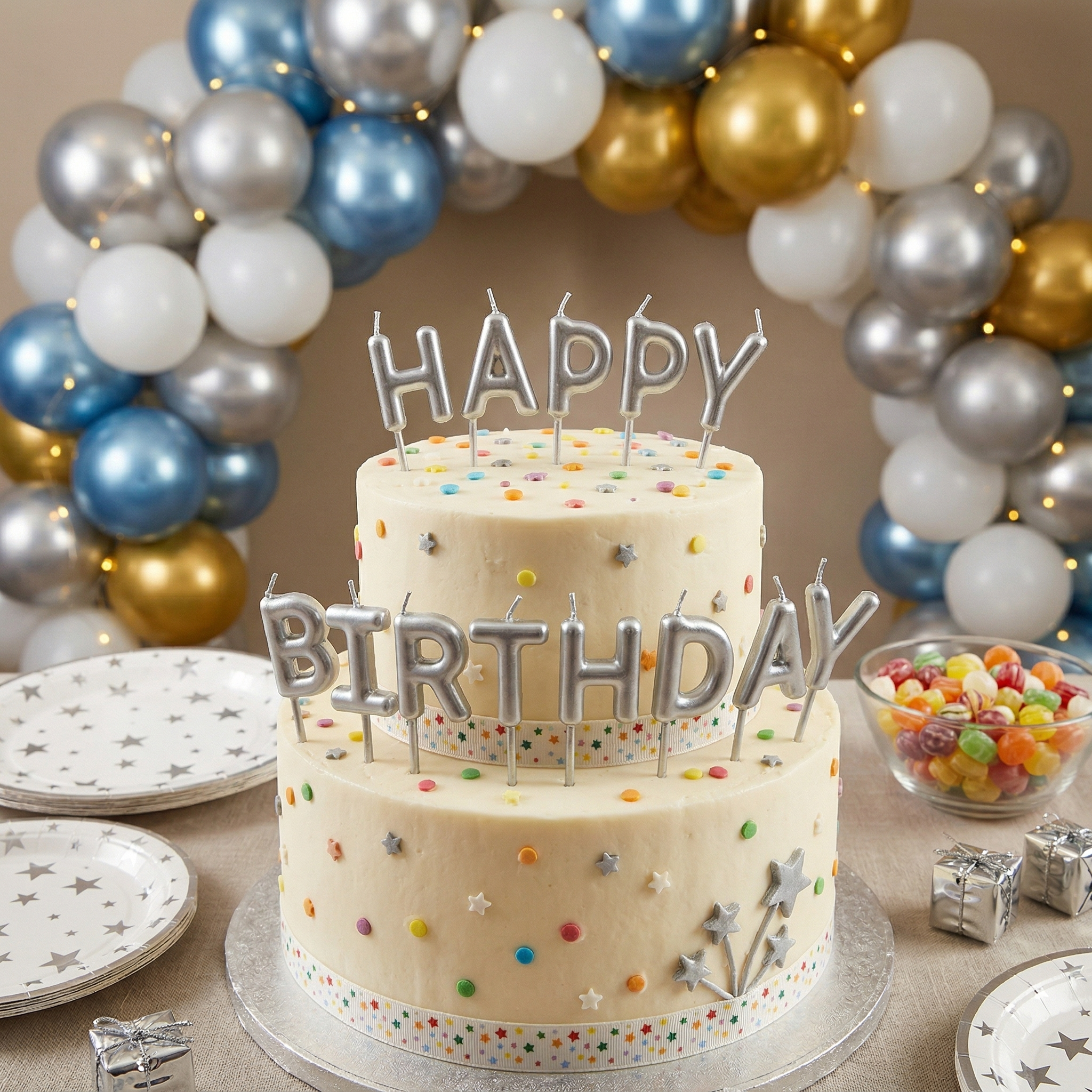 Silver Happy Birthday Letter Candles
Metallic Silver Alphabet Cake Candles