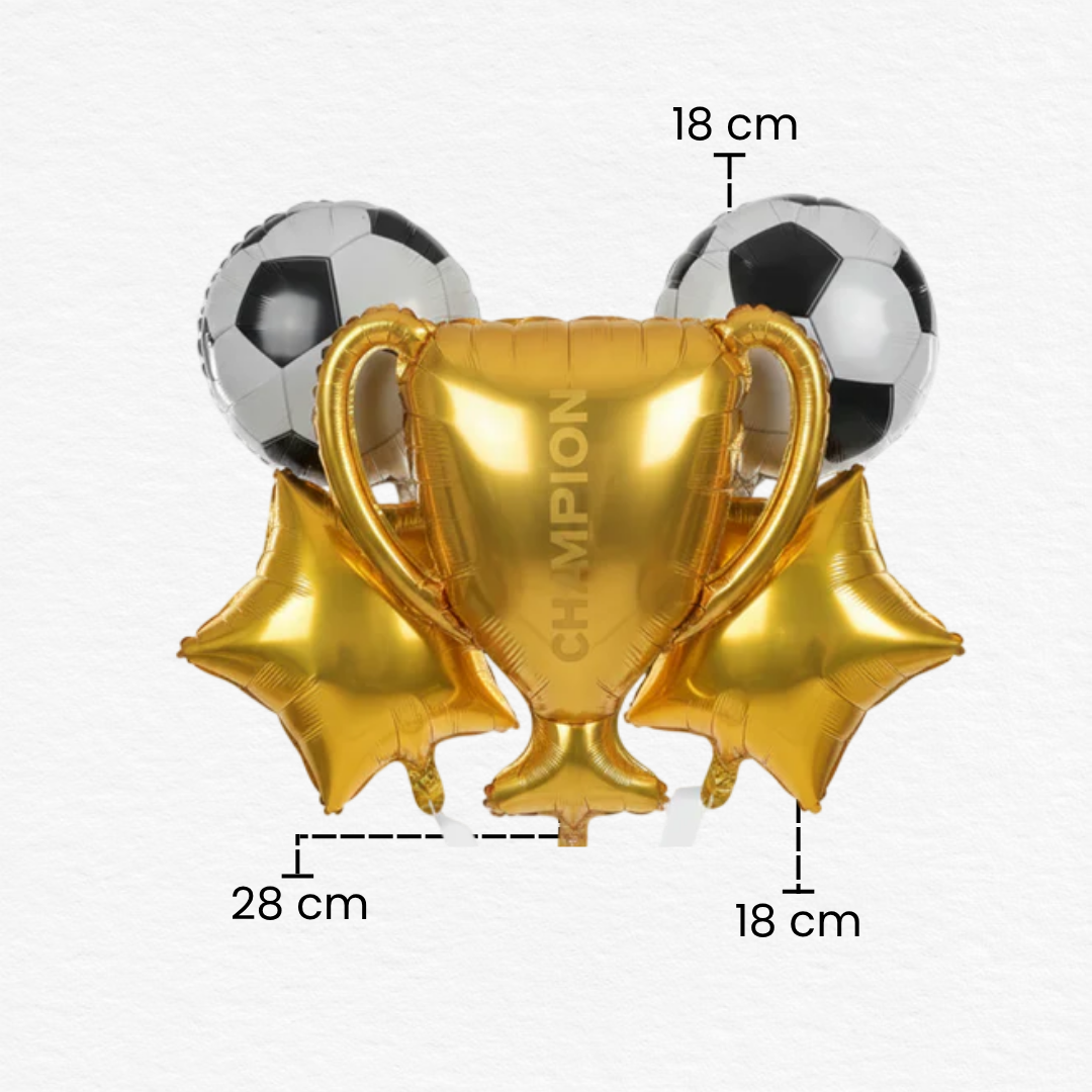5 Pcs Championship Trophy & Soccer Foil Balloon Set/Sports Theme Decor (5th, 10th, 12th, 15th Birthday)