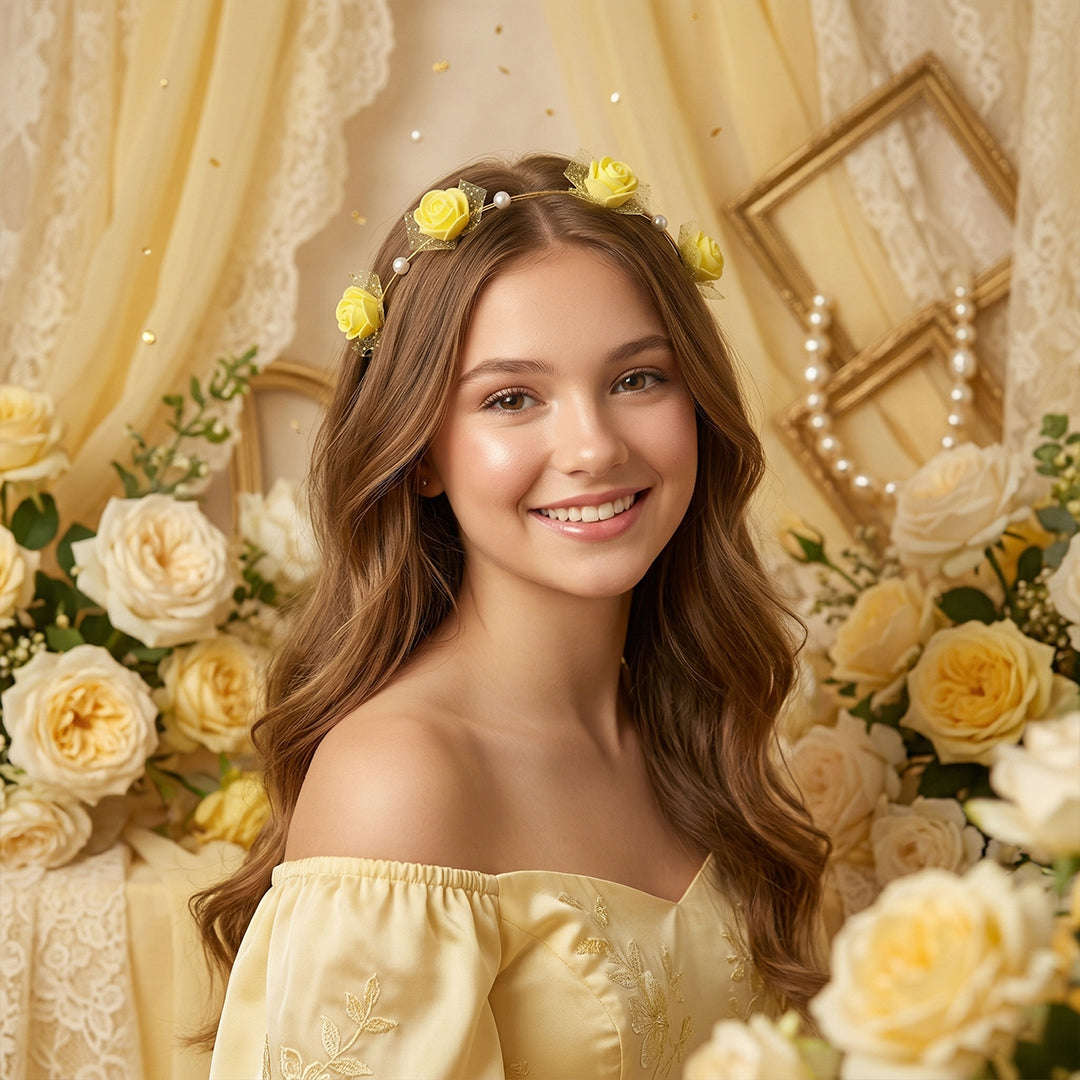 Yellow Rose Flower Tiara Crown for Haldi Ceremony
Floral Rose Hair Wreath with White Pearl