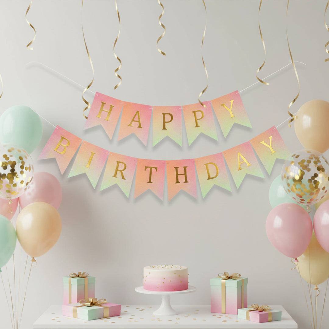 Shiny Peach and Golden Happy Birthday Bunting Flag Banner