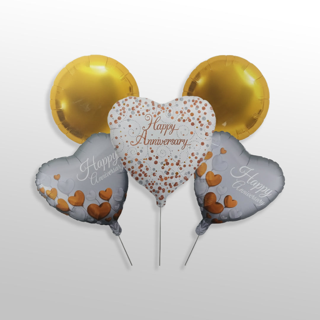 5 PC Happy Anniversary Balloon Bouquet (Gold Balloon)