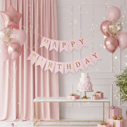 Baby Pink and Golden Happy Birthday Shiny Text Bunting Flag Banner