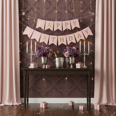 Peach and Golden Happy Birthday Shiny Text Bunting Flag Banner