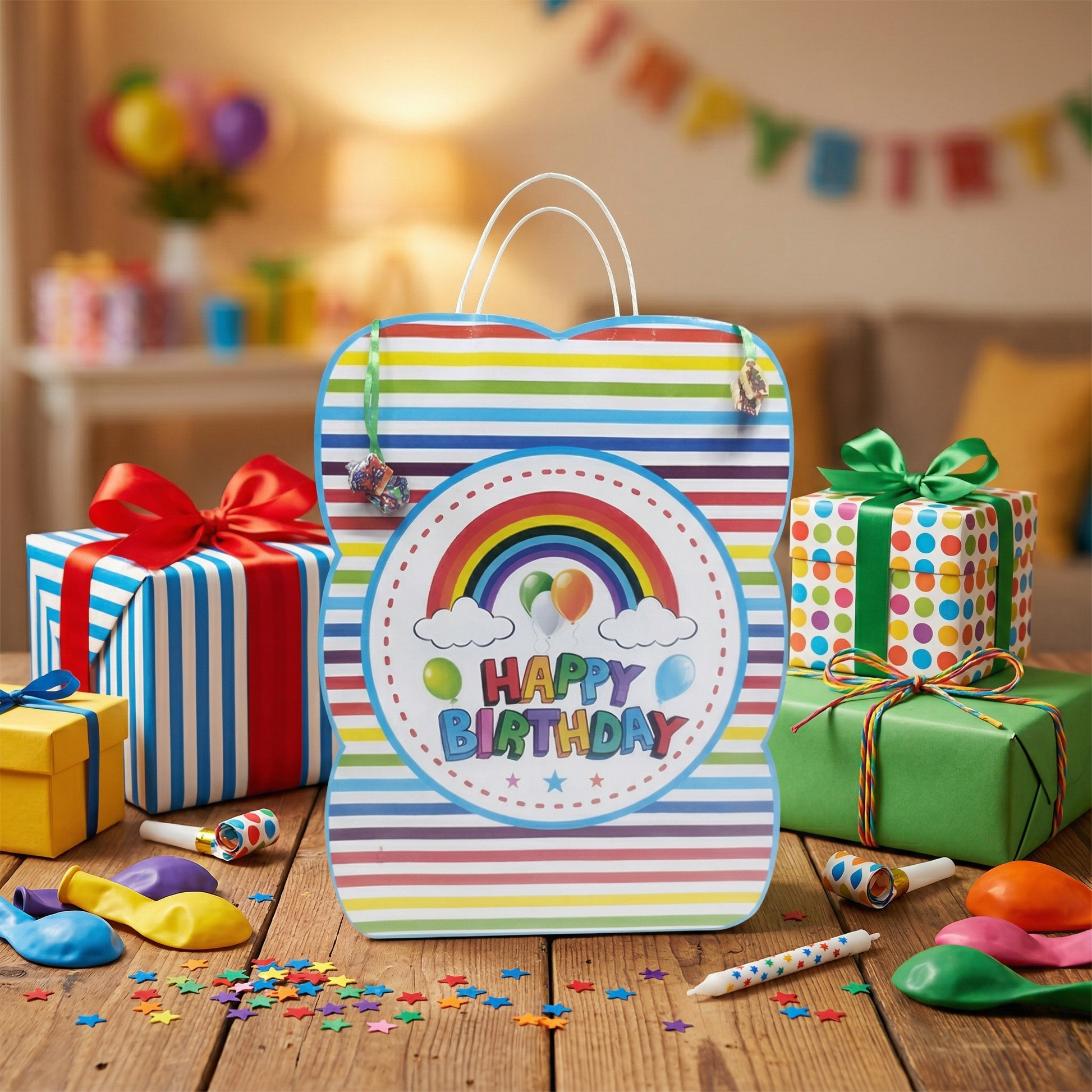 Rainbow Happy Birthday Gift Bag with Handles
Colorful Striped Birthday Party Favor Bag