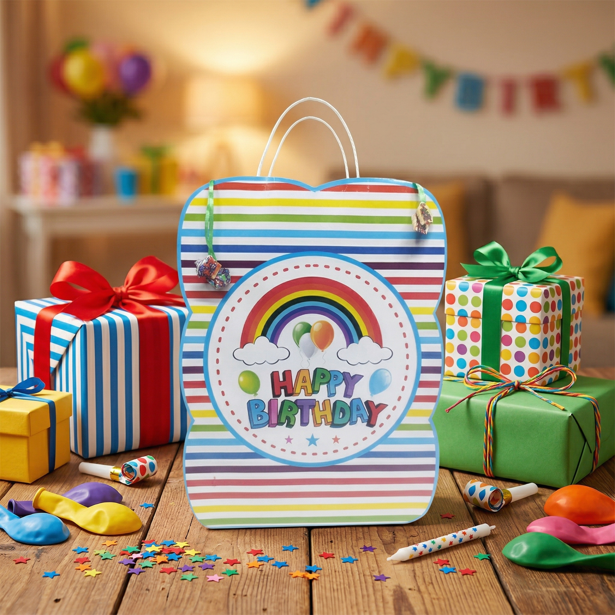 Rainbow Happy Birthday Gift Bag with Handles
Colorful Striped Birthday Party Favor Bag