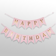 Baby Pink and Golden Happy Birthday Shiny Text Bunting Flag Banner