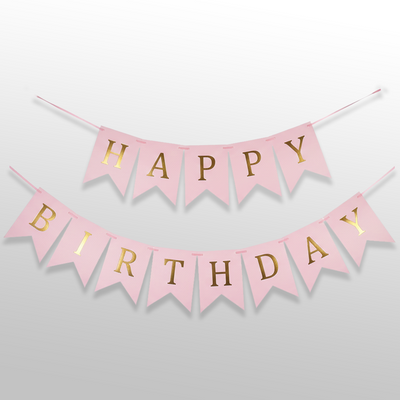 Baby Pink and Golden Happy Birthday Shiny Text Bunting Flag Banner