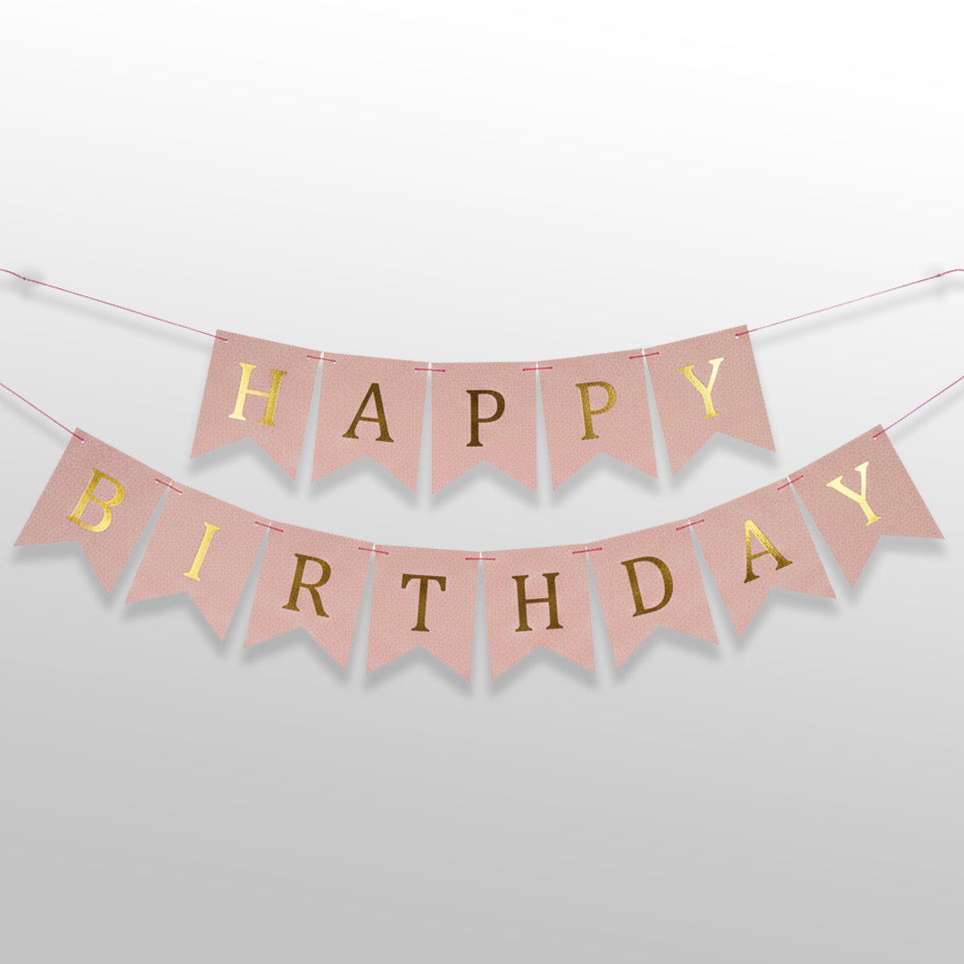 Peach and Golden Happy Birthday Shiny Text Bunting Flag Banner