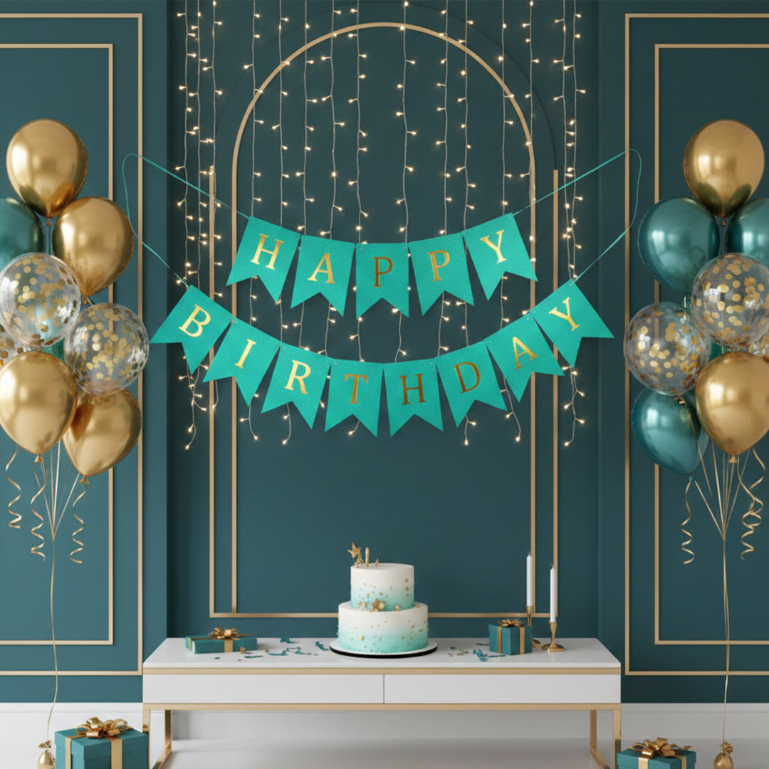 Shiny Green and Golden Happy Birthday Bunting Flag Banner