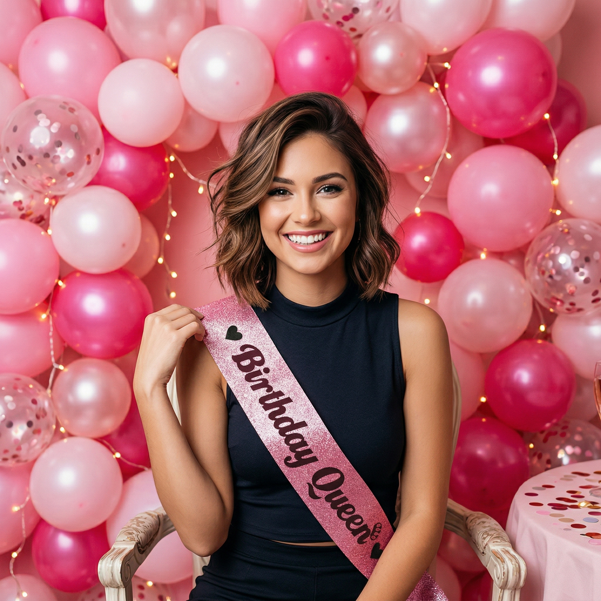 Pink Birthday Queen Glitter Sash for Women
Birthday Party Accessory with Heart Designs