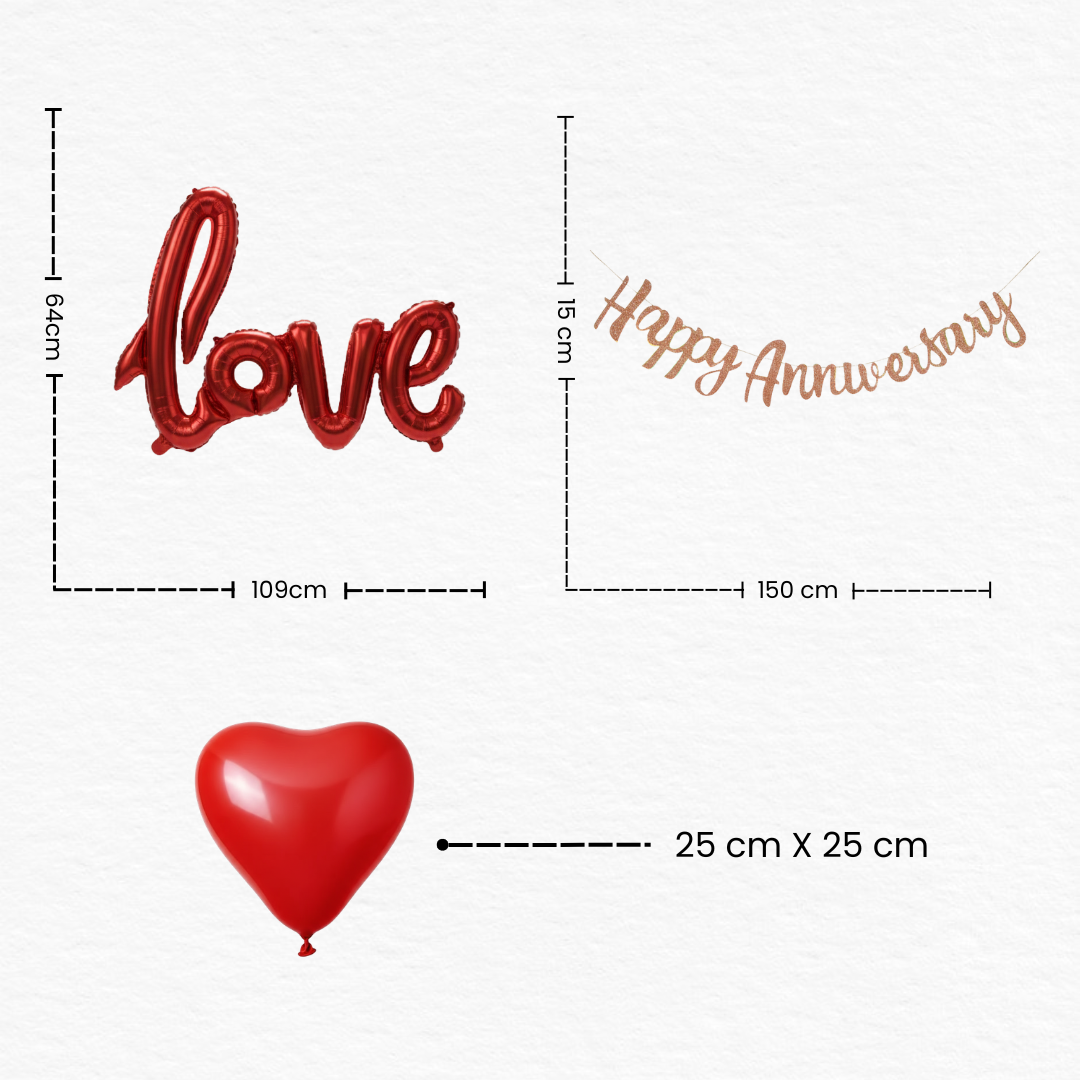 Anniversary Celebration Combo / Happy Anniversary Banner with Love Foil Balloons & Red Heart Balloons / Anniversary Decoration Set