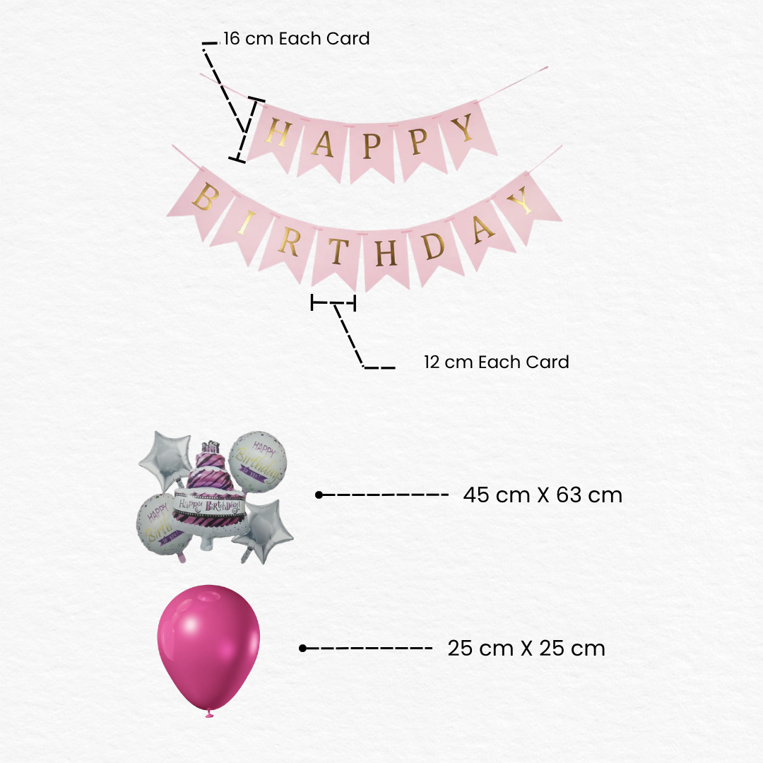 Baby Pink & Golden Happy Birthday Decoration Combo / Printed Cake Foil Balloon Set with Pink Balloons & Birthday Banner / Girls Birthday Decoration Set