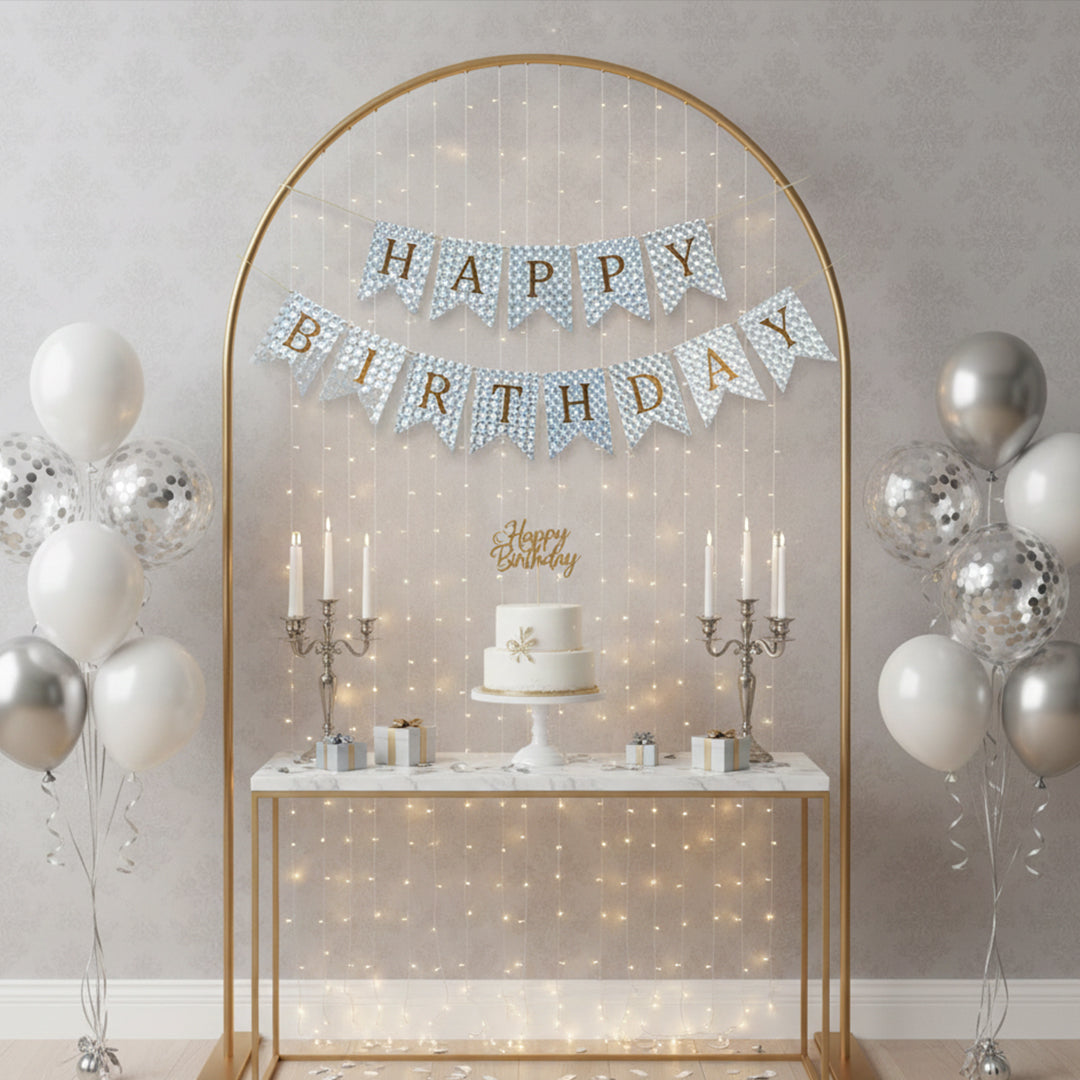 Shiny silver happy birthday banner backdrop for home birthday party setup