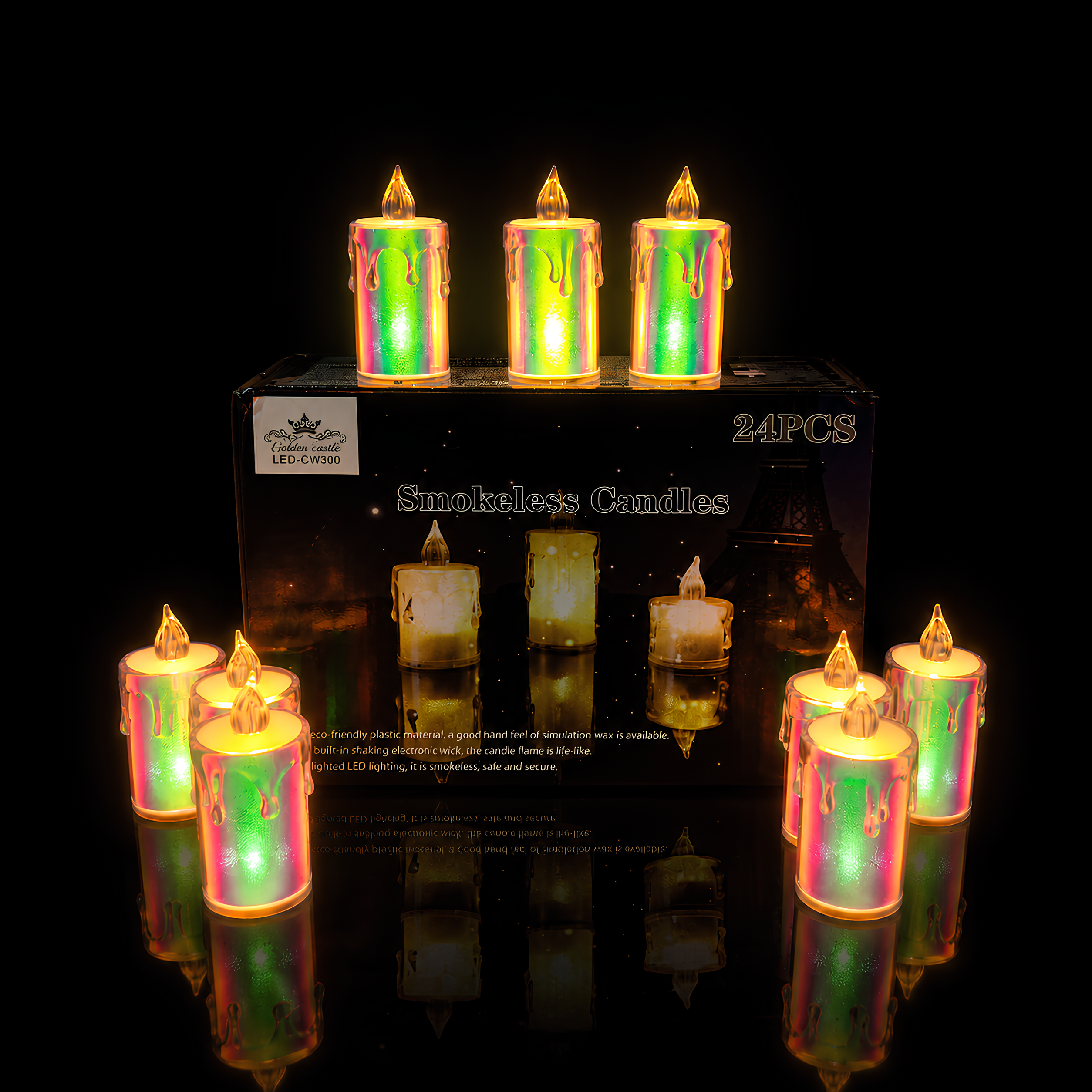 LED CW-300 Crystal Candles – Set of 24 Colorful Flameless LED Decorative Candles for Home, Party, Diwali, Pooja & Festive Decoration