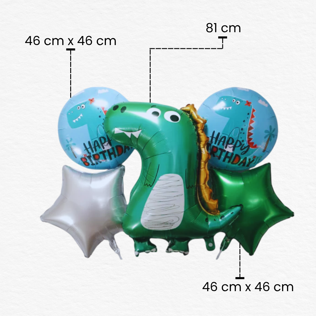 Dinosaur Theme 5pc Foil Balloon Set/Jungle Safari Character Balloon Kit for 1st/3rd/5th Birthday