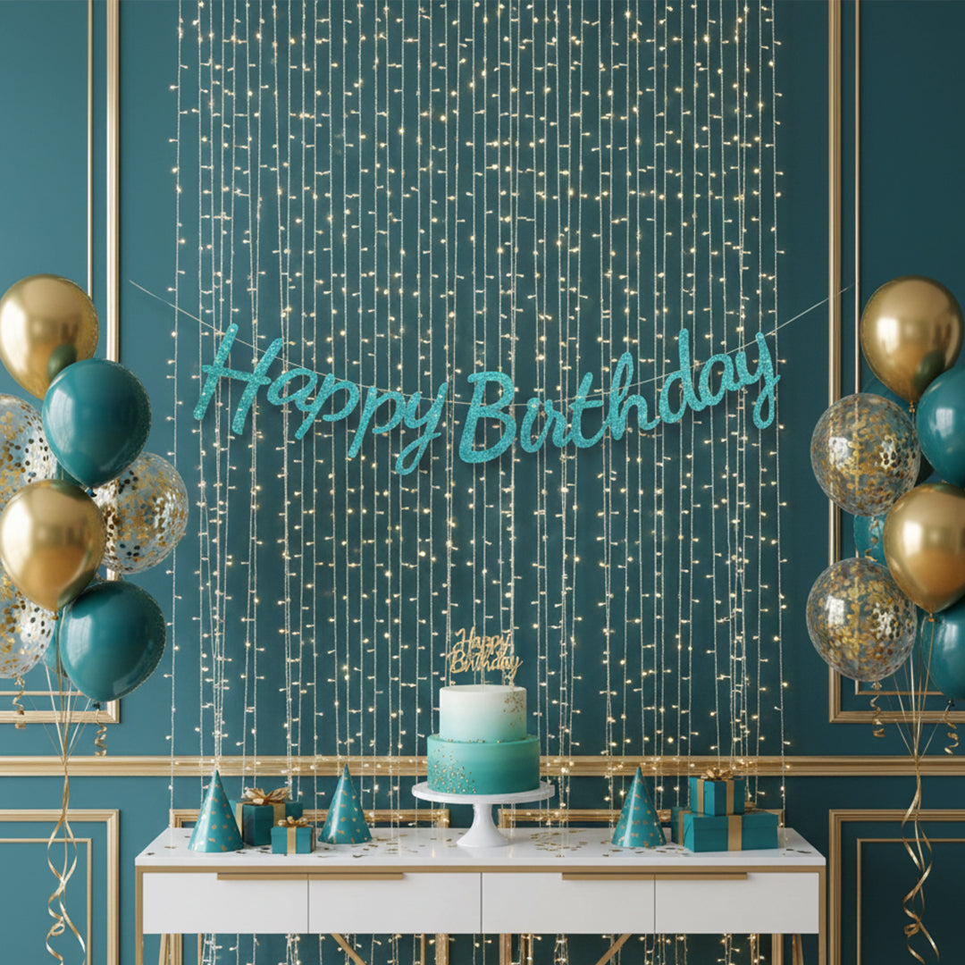 Blue Glitter Cursive Happy Birthday Bunting Banner for Party Backdrop
