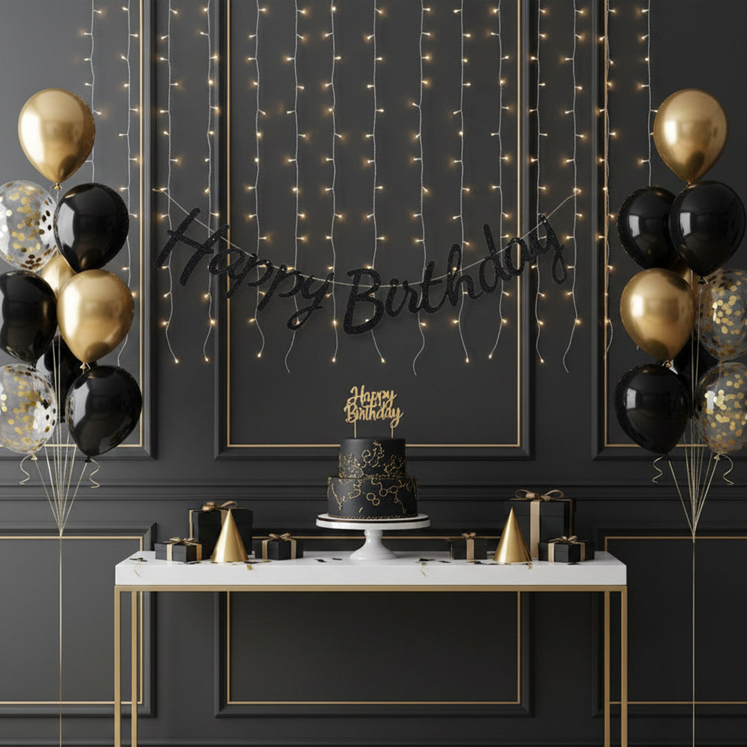 black Cursive Glitter Happy Birthday Banner for Backdrop