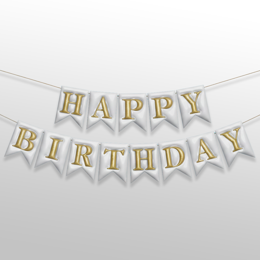Embossed 3D silver and golden happy birthday bunting banner for birthday decoration