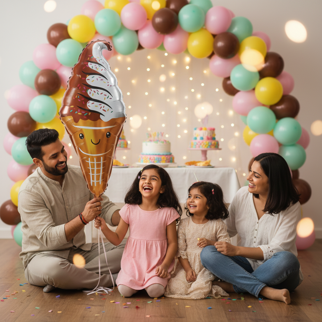 Ice cream foil balloon for ice cream theme birthday setup
