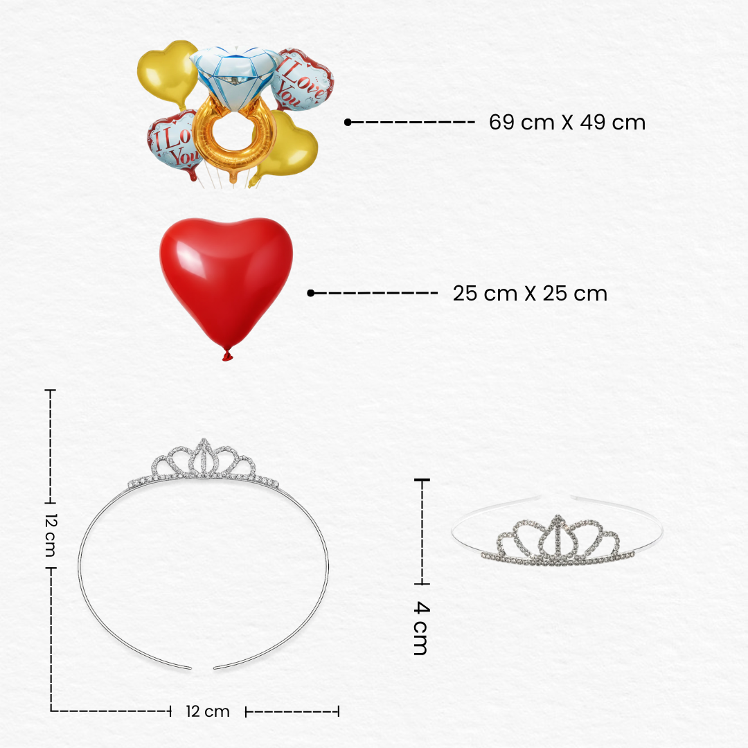 Ring Ceremony decoration combo with 5 pcs Ring Foil Balloons set, 20 red heart balloons, and Silver Crown.