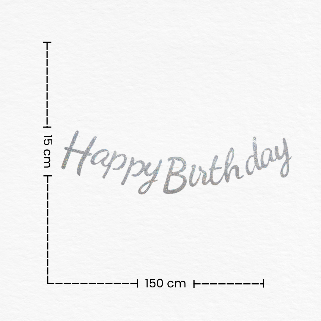 Silver Cursive Happy Birthday Glitter Banner/Elegant Decor for All Ages (1st, 18th, 25th Birthday)