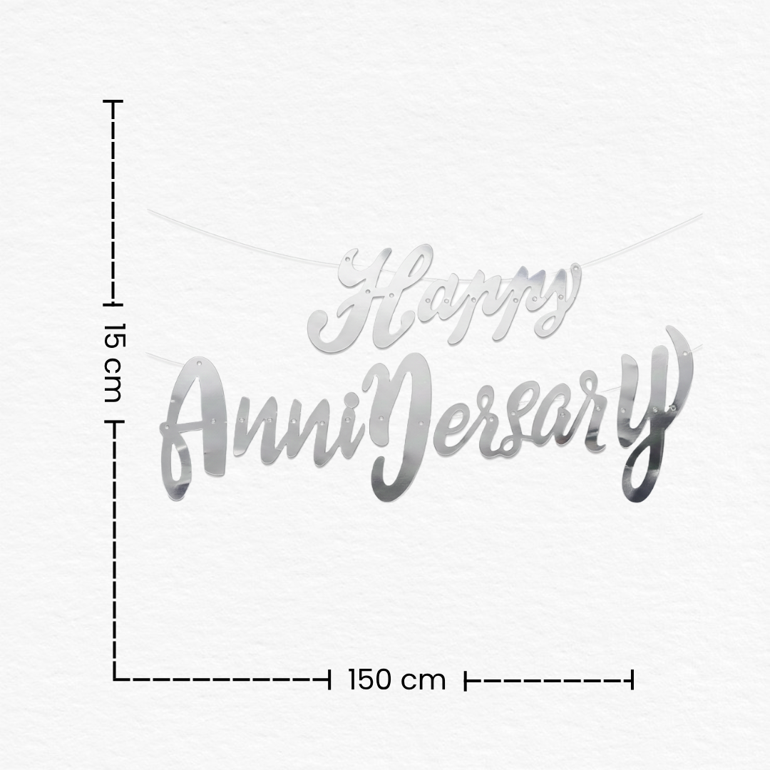 Silver Cursive Paper Happy Anniversary Cutout Banner / Silver Happy Anniversary Bunting Banner / Anniversary Decoration Banner for Home & Party Decor