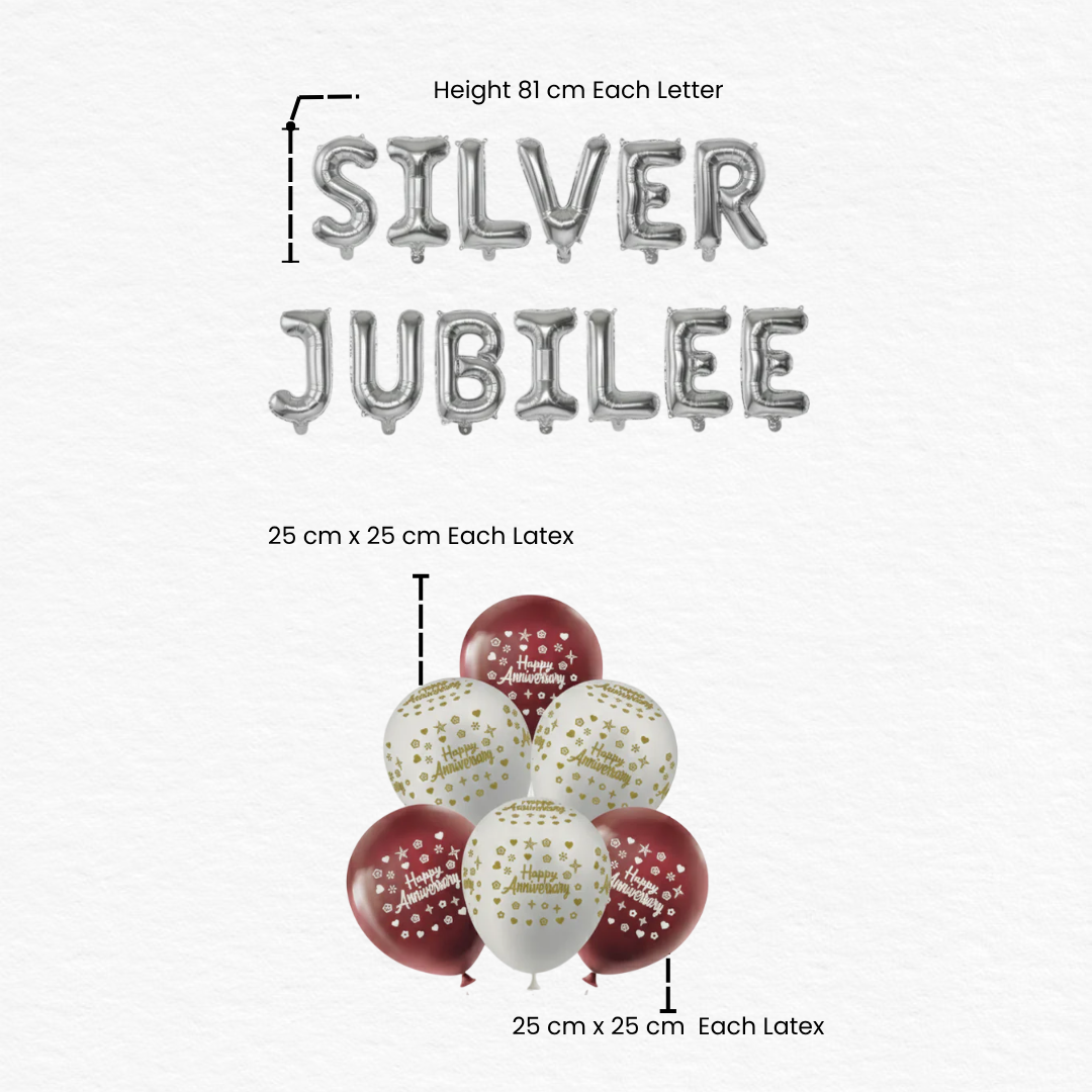 Silver Jubilee Foil Balloon Set / 25th Anniversary Decoration Set with Anniversary Balloons / 40 Pc Happy Anniversary Round Balloons (Red & White)