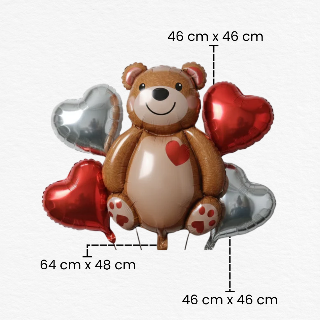 Teddy Bear Love Foil Balloon Set / Teddy Bear Foil Balloon with Red Hearts / 4Pc Teddy Bear Theme Balloons