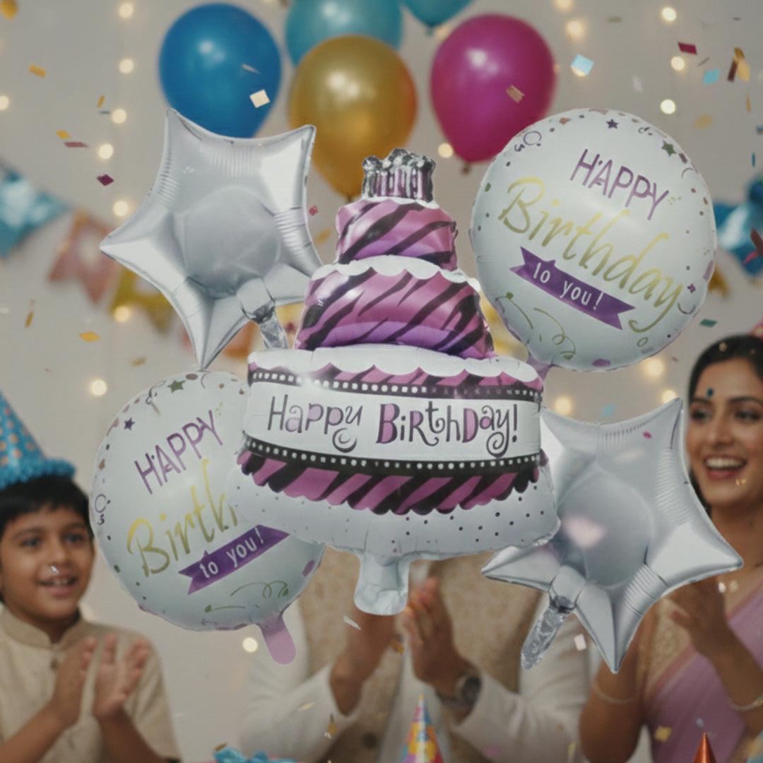 Happy Birthday Printed Cake Foil Balloon 5 PC Set