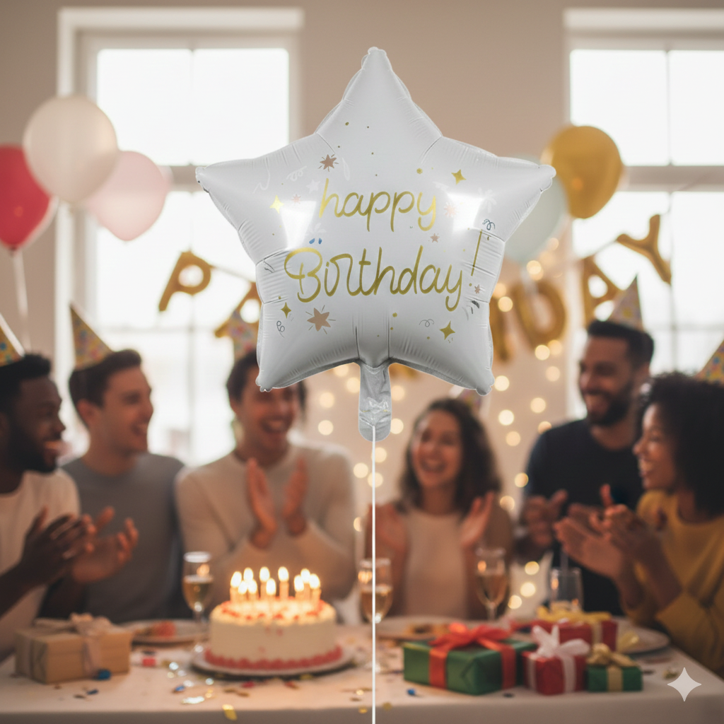 White Happy Birthday Star Foil Balloon
